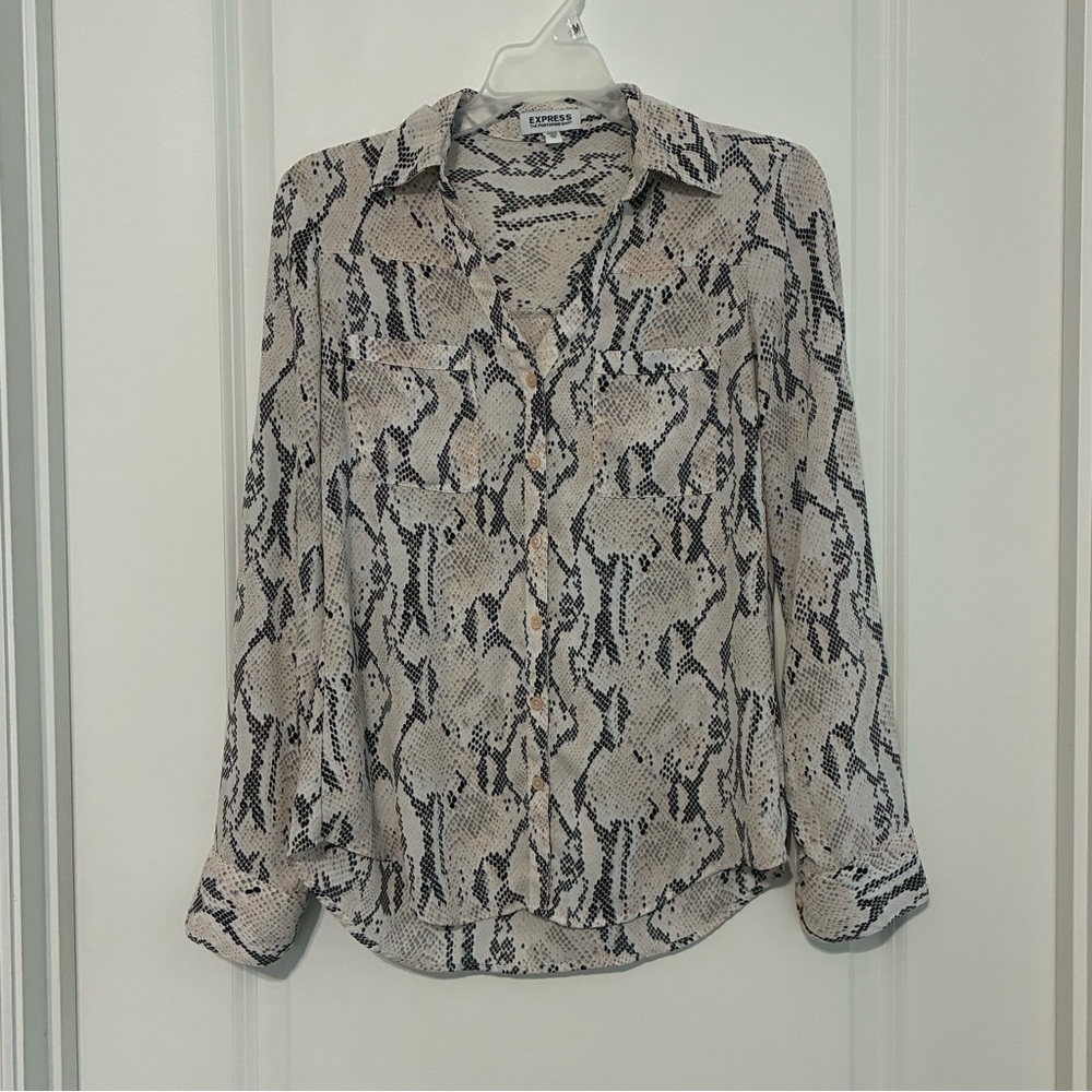 Express Portofino Button Down Snake Print Shirt - Black and Cream Women’s XS